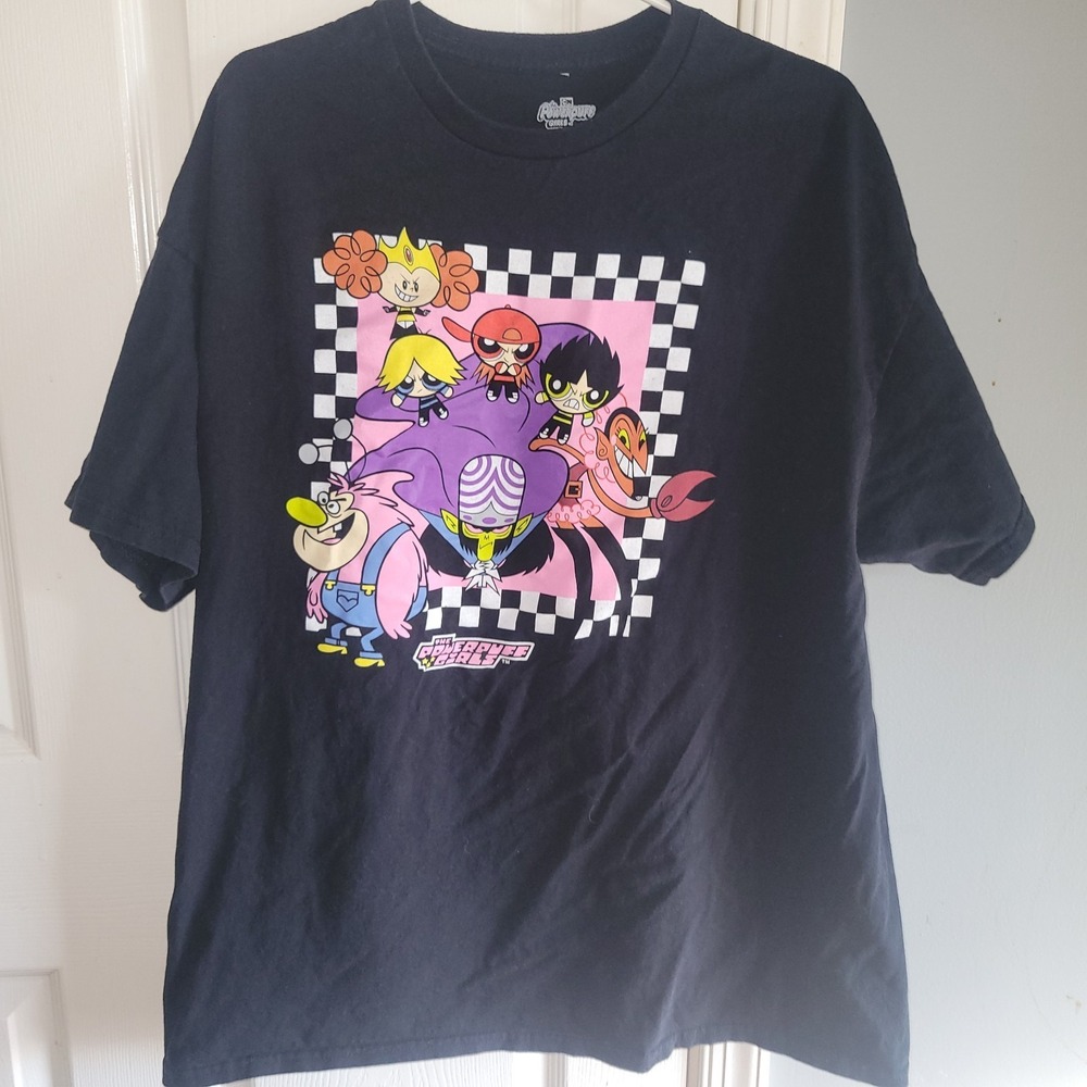Powerpuff Adult T-Shirt Girls & Mojo Jojo in Checkered Frame XXL